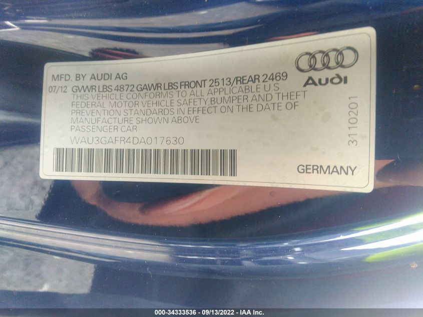2013 AUDI S5 PRESTIGE WAU3GAFR4DA017630