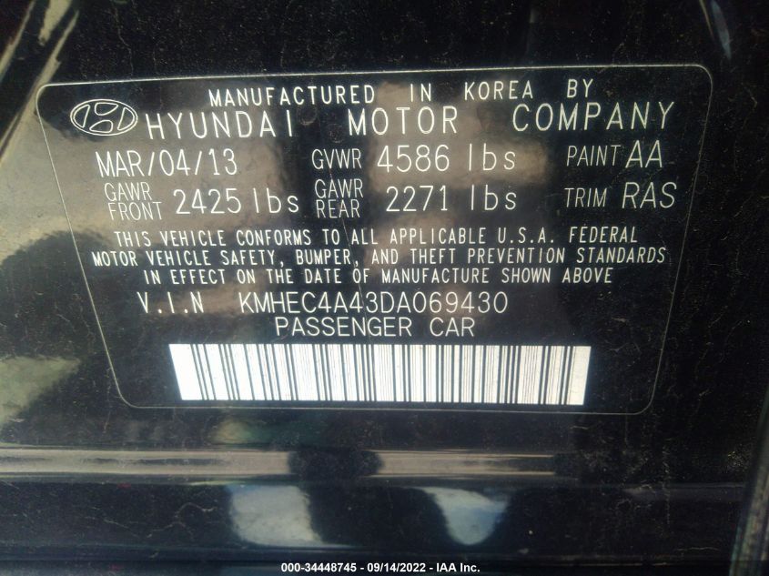 2013 HYUNDAI SONATA HYBRID LIMITED W KMHEC4A43DA069430