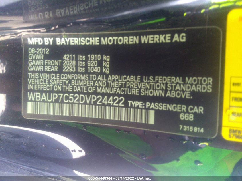 2013 BMW 1 SERIES 128I WBAUP7C52DVP24422