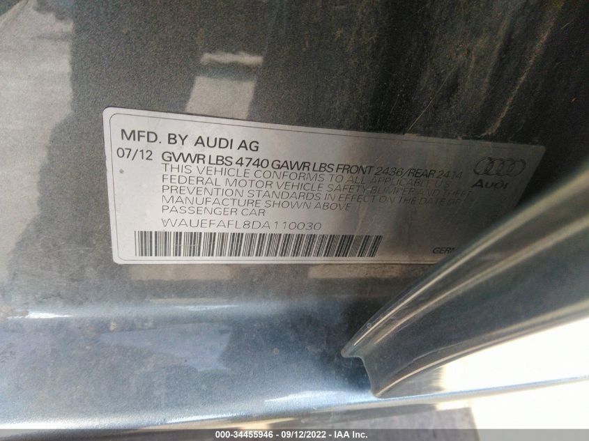 2013 AUDI A4 PREMIUM PLUS WAUEFAFL8DA110030