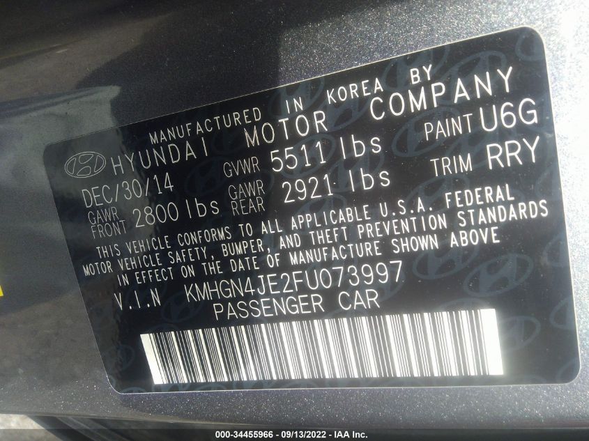 2015 HYUNDAI GENESIS 3.8L KMHGN4JE2FU073997