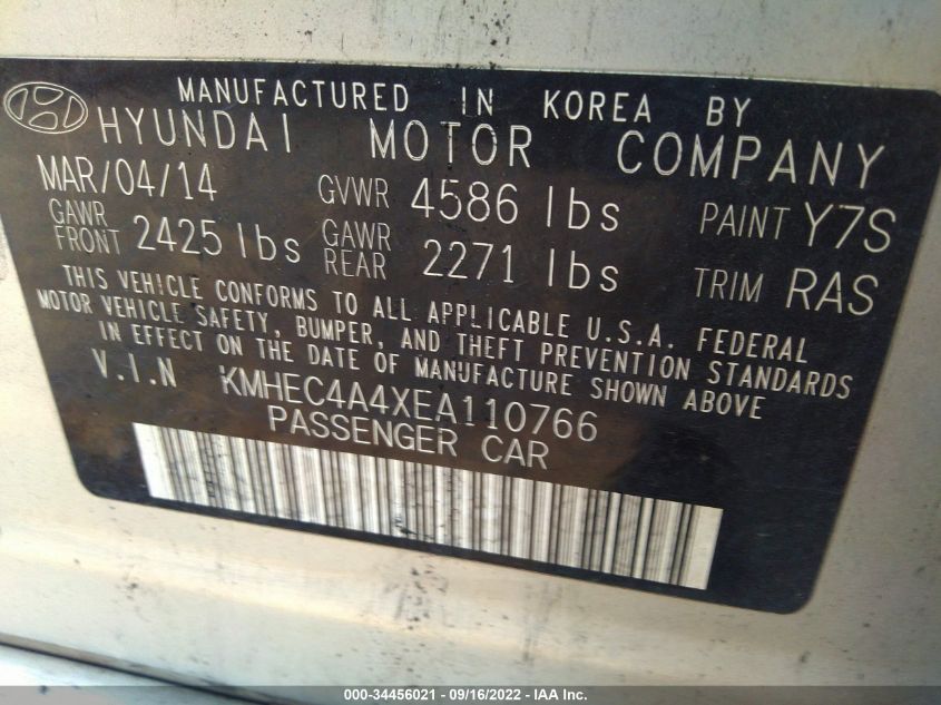 2014 HYUNDAI SONATA HYBRID LIMITED KMHEC4A4XEA110766