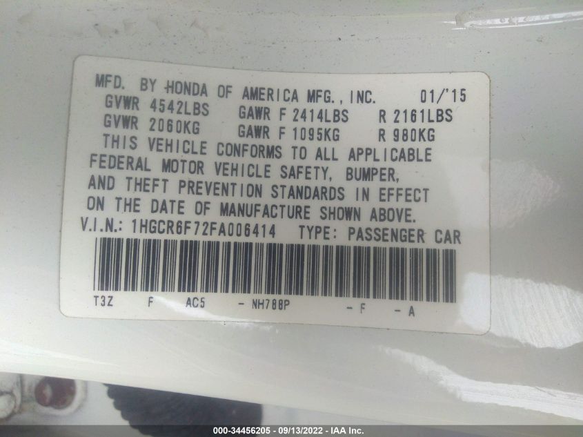 2015 HONDA ACCORD HYBRID TOURING 1HGCR6F72FA006414