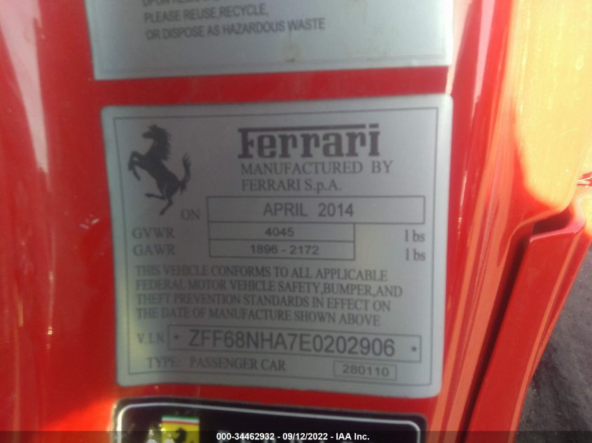 2014 FERRARI 458 ITALIA ZFF68NHA7E0202906