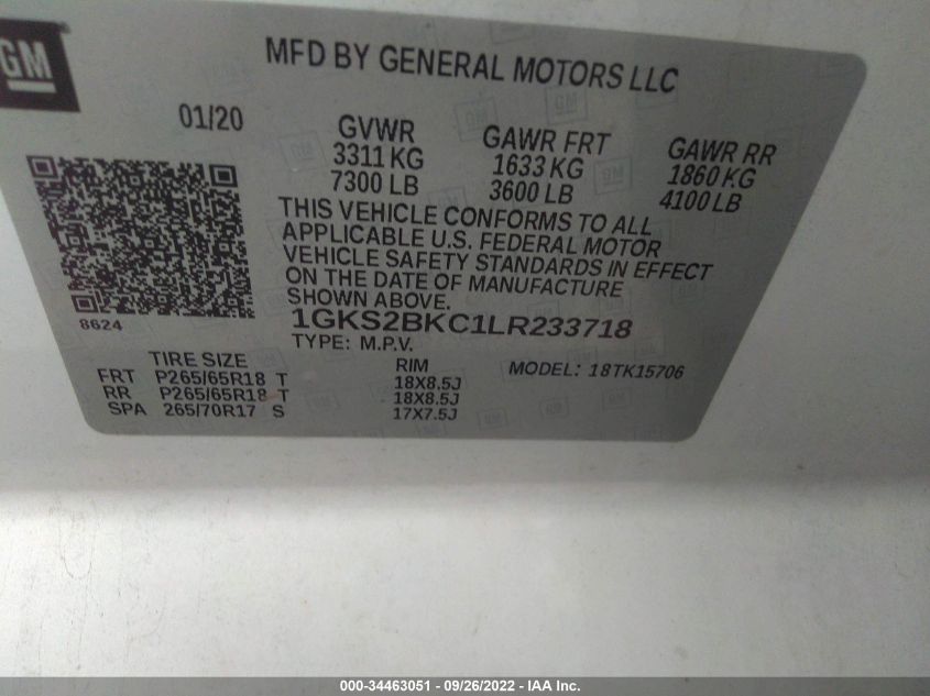 VIN 1GKS2BKC1LR233718 2020 GMC YUKON no.9