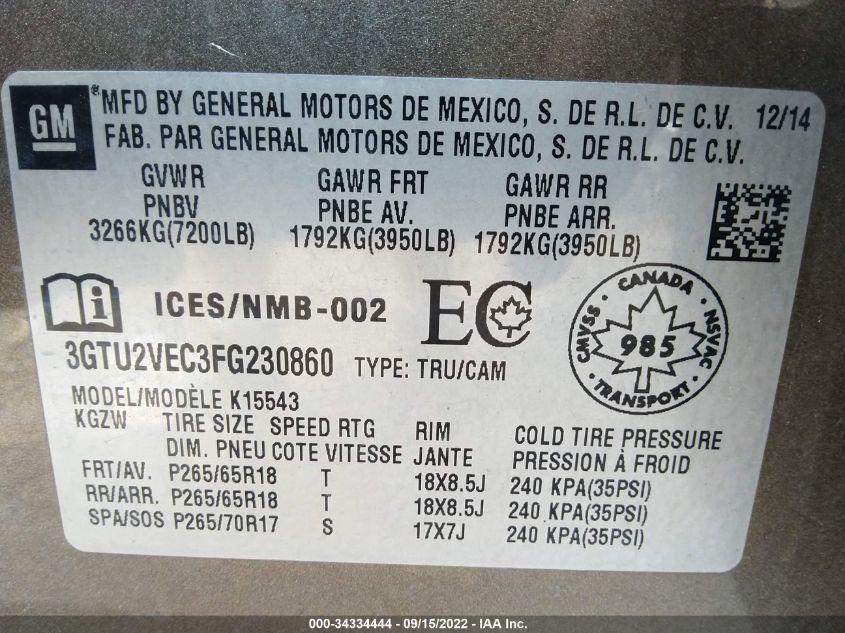 2015 GMC SIERRA K1500 SLT 3GTU2VEC3FG230860