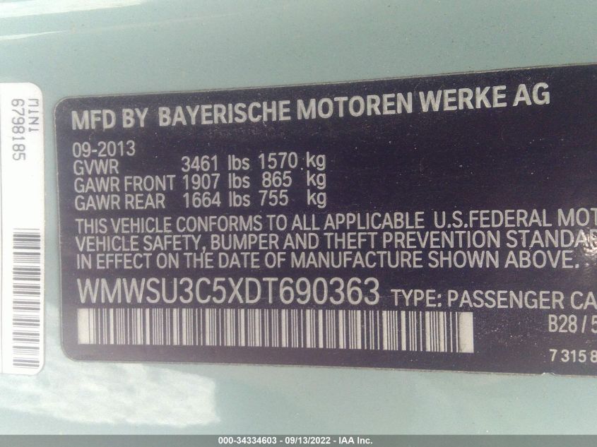 2013 MINI COOPER HARDTOP WMWSU3C5XDT690363