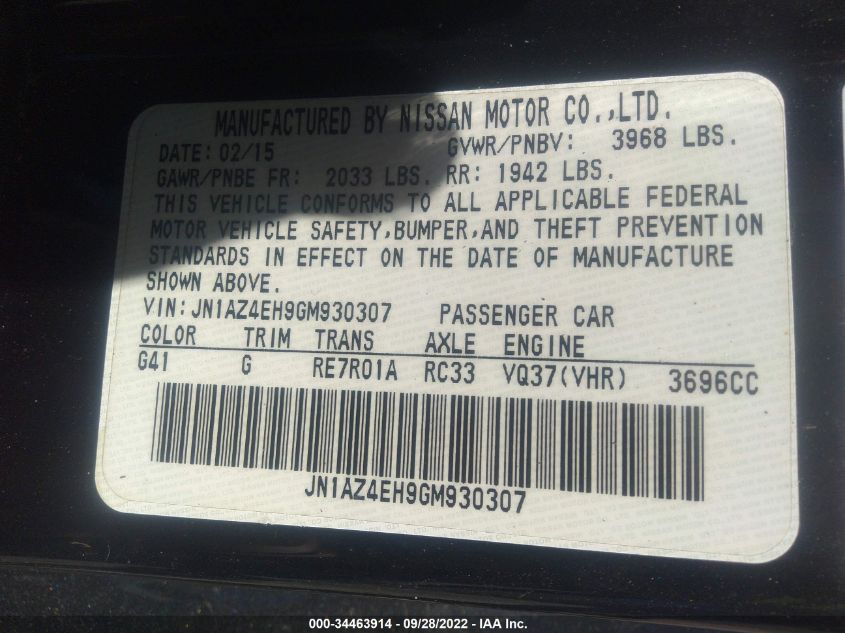 2016 NISSAN 370Z JN1AZ4EH9GM930307