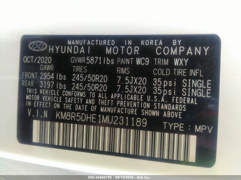 2021 HYUNDAI PALISADE LIMITED KM8R5DHE1MU231189