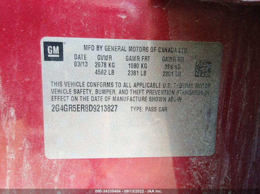 2013 BUICK REGAL BASE 2G4GR5ER8D9213827