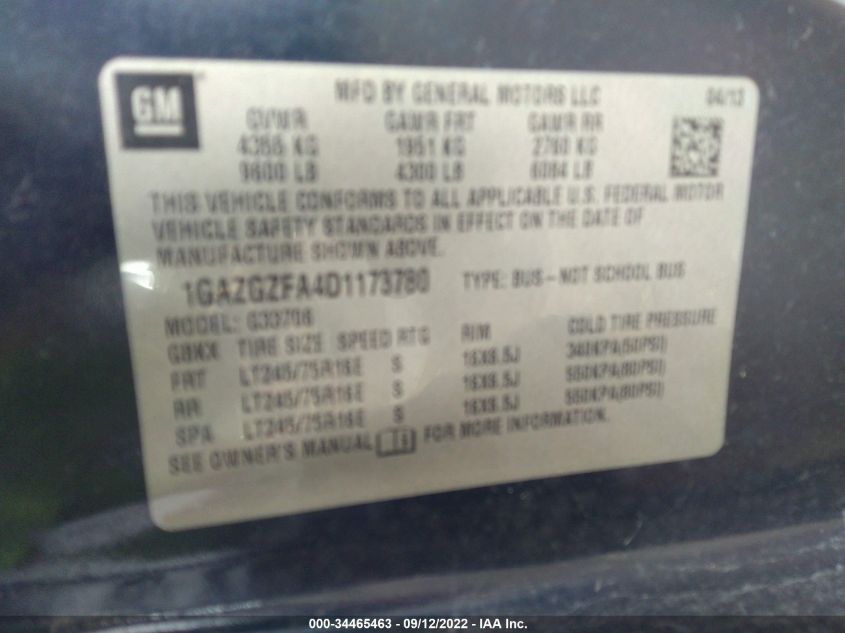 2013 CHEVROLET EXPRESS PASSENGER LS 1GAZGZFA4D1173780