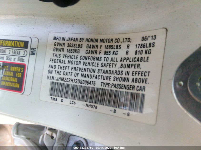 2013 HONDA INSIGHT EX JHMZE2H72DS006476