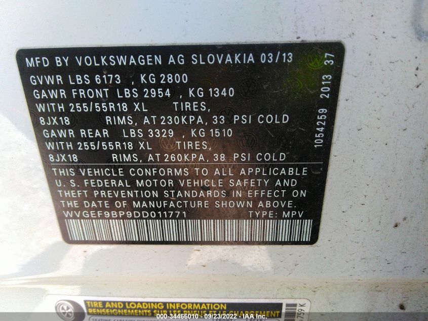 2013 VOLKSWAGEN TOUAREG SPORT W/NAV WVGEF9BP9DD011771