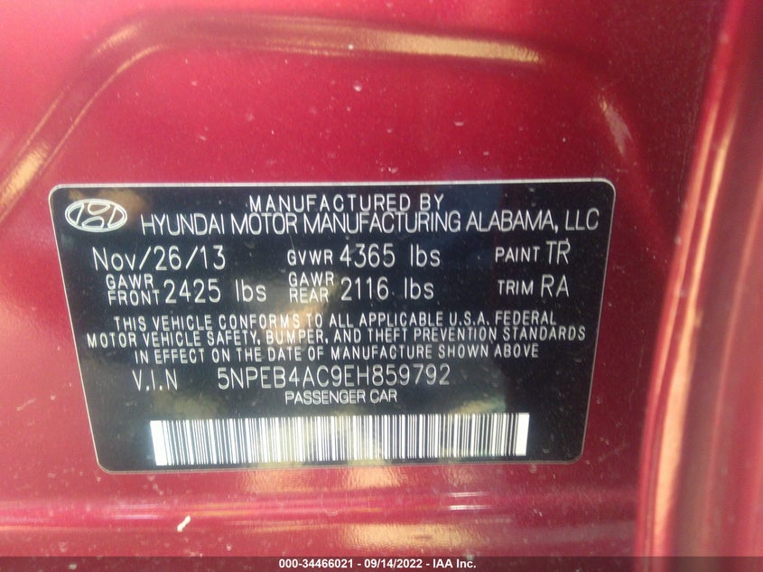 2014 HYUNDAI SONATA VIN: 5NPEB4AC9EH859792