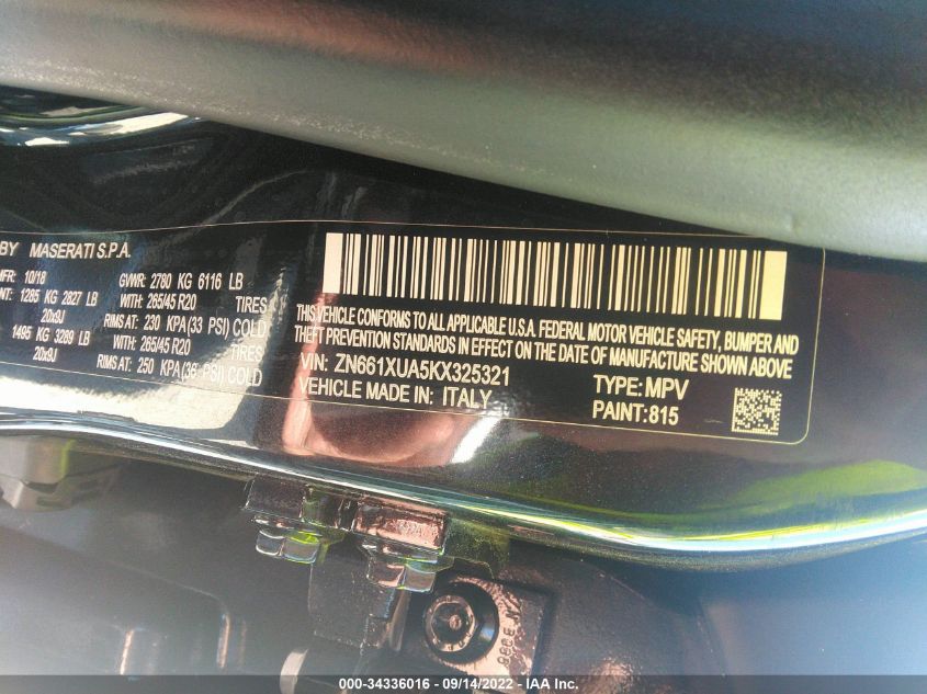 2019 MASERATI LEVANTE ZN661XUA5KX325321