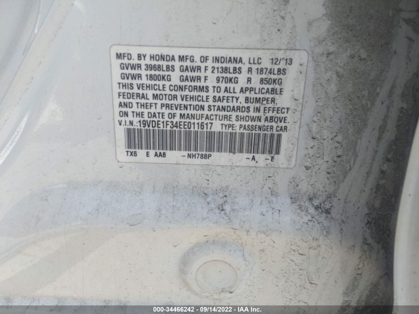 2014 ACURA ILX 19VDE1F34EE011617