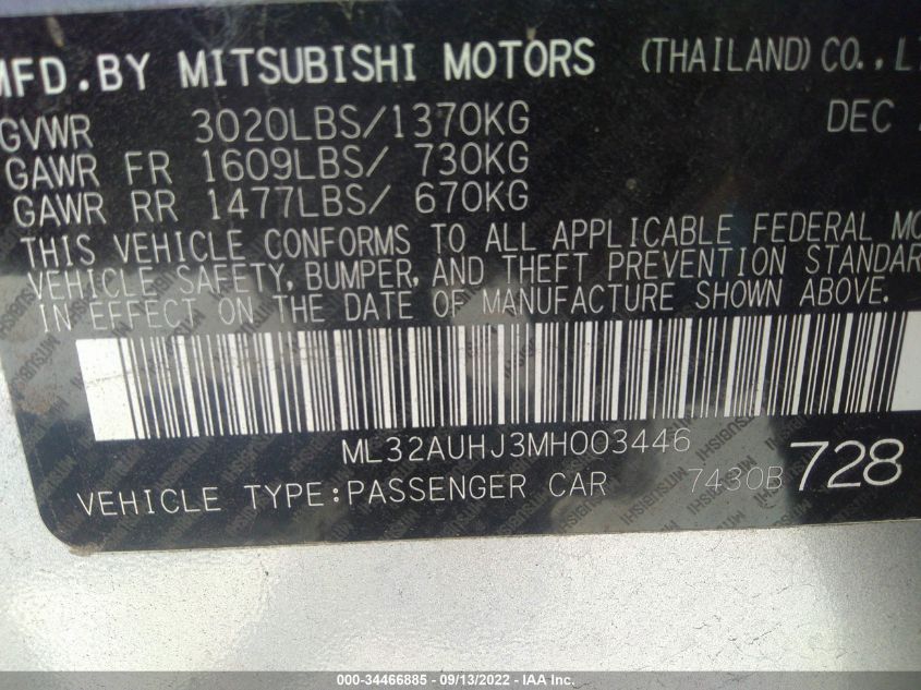 2021 MITSUBISHI MIRAGE ES/LE/CARBONITE EDITION ML32AUHJ3MH003446