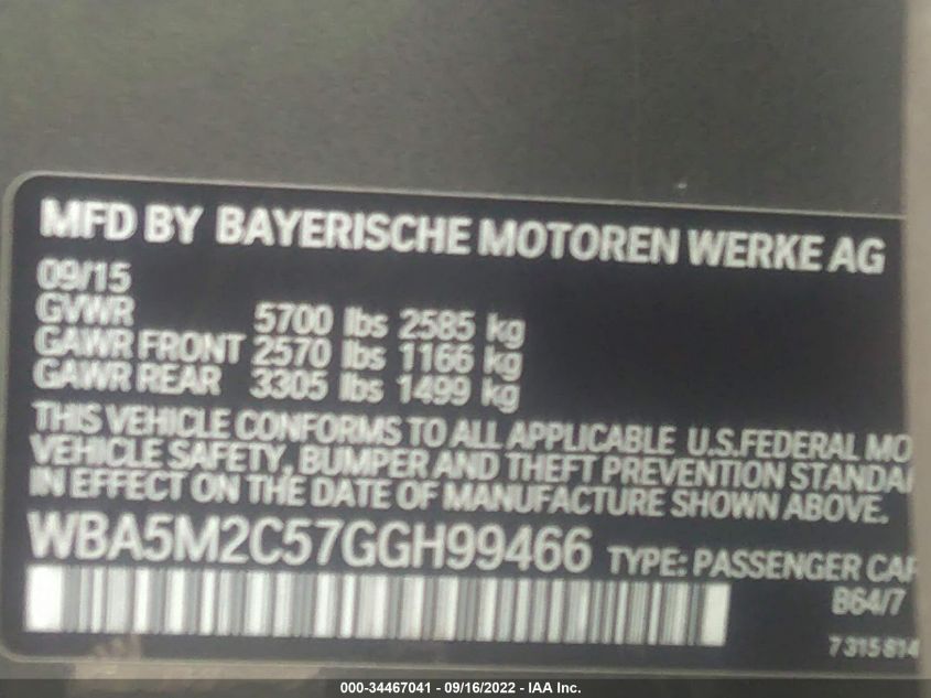 2016 BMW 5 SERIES GRAN TURISMO 535I WBA5M2C57GGH99466