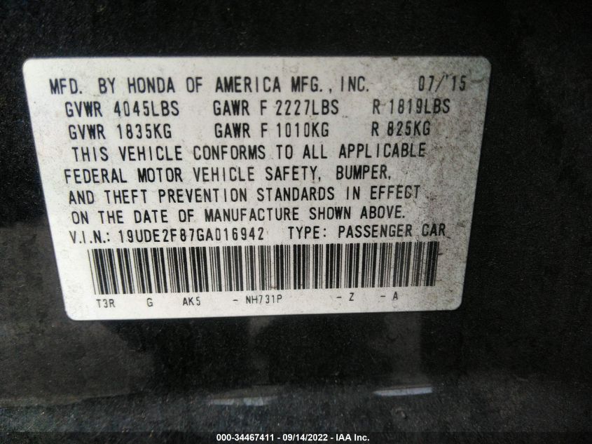 2016 ACURA ILX W/PREMIUM 19UDE2F87GA016942