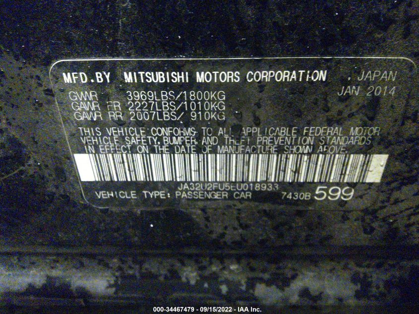 2014 MITSUBISHI LANCER ES JA32U2FU5EU018933