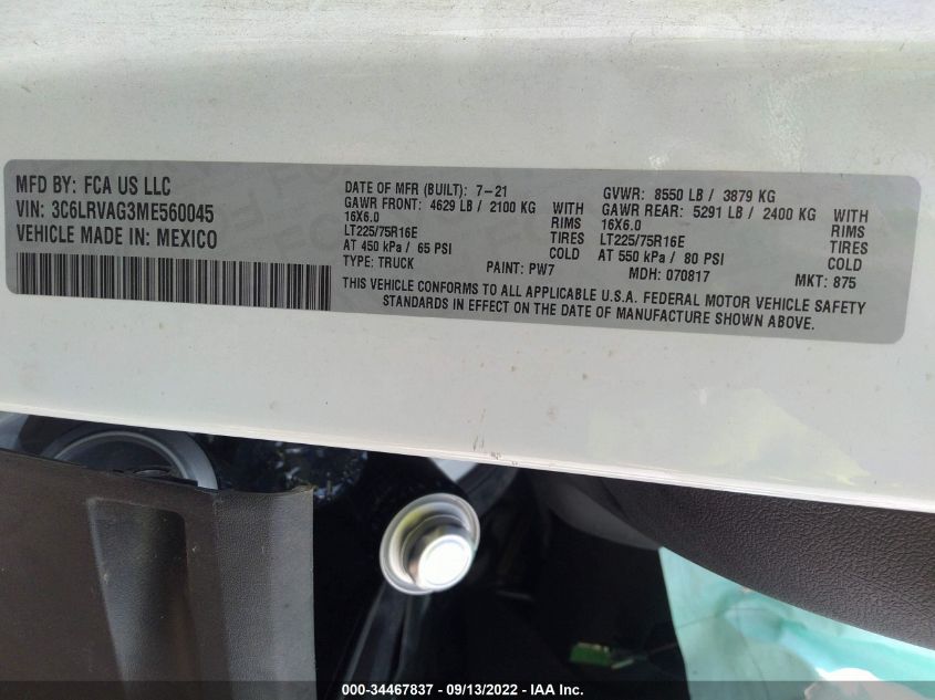 2021 RAM PROMASTER CARGO VAN 3C6LRVAG3ME560045