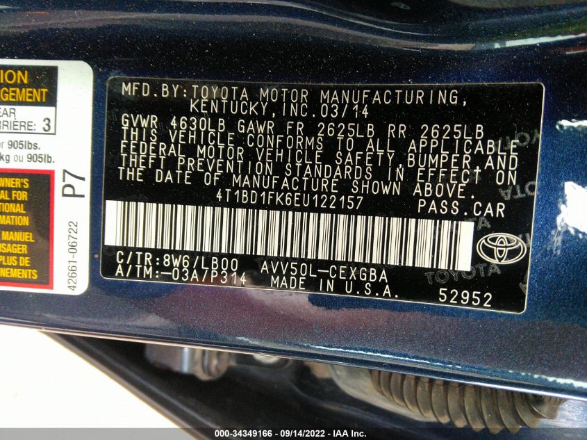 2014 TOYOTA CAMRY HYBRID LE/XLE/SE LIMITED EDITION 4T1BD1FK6EU122157
