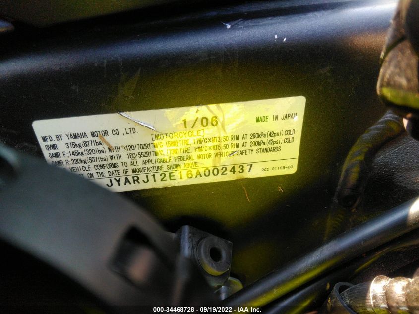 2006 YAMAHA YZFR6 L JYARJ12E16A002437
