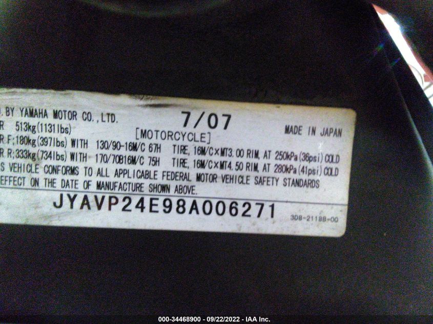 2008 YAMAHA XVS1300 A JYAVP24E98A006271