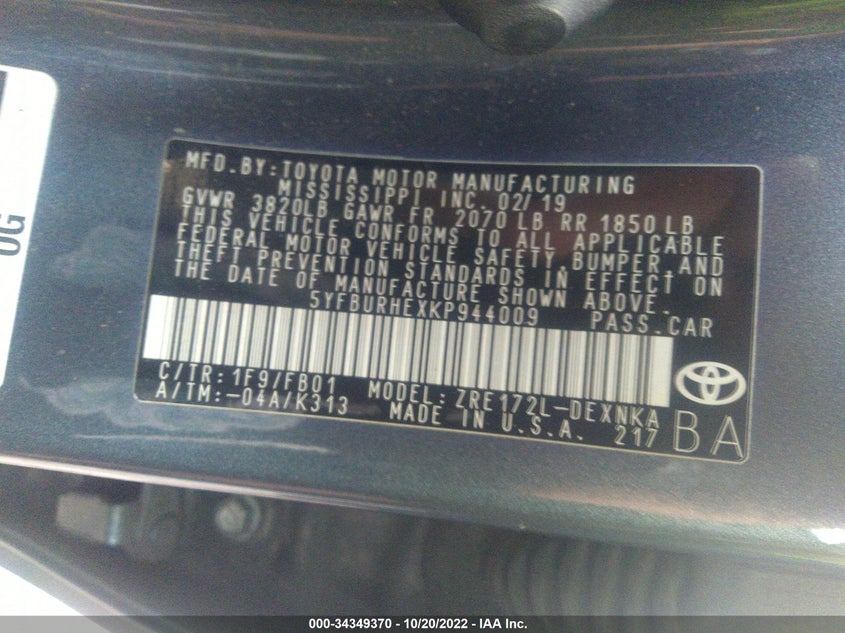 VIN 5YFBURHEXKP944009 2019 TOYOTA COROLLA L/LE/SE/XLE/XSE