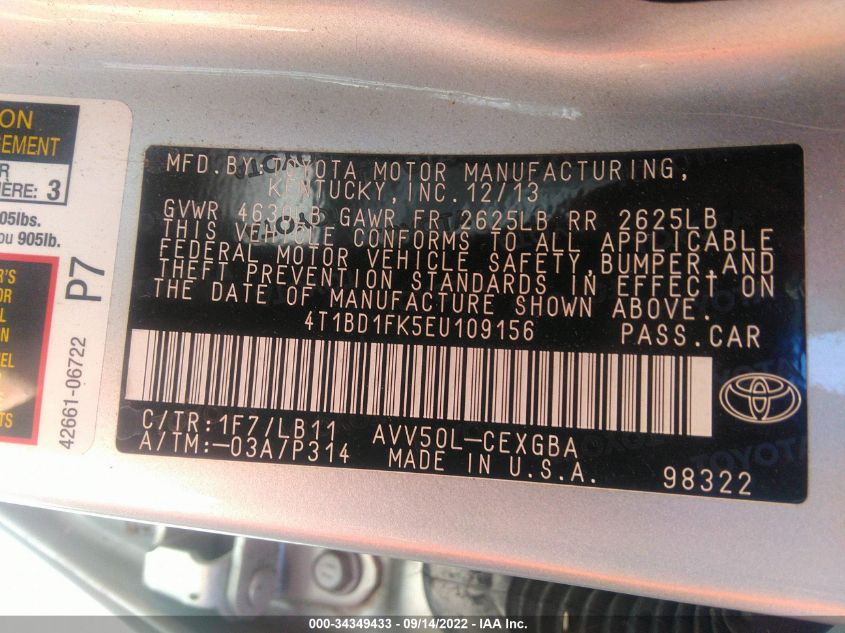 2014 TOYOTA CAMRY HYBRID LE/XLE/SE LIMITED EDITION 4T1BD1FK5EU109156