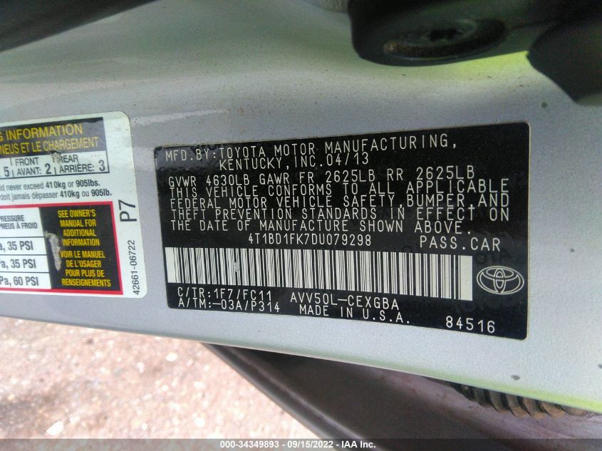 2013 TOYOTA CAMRY HYBRID XLE 4T1BD1FK7DU079298