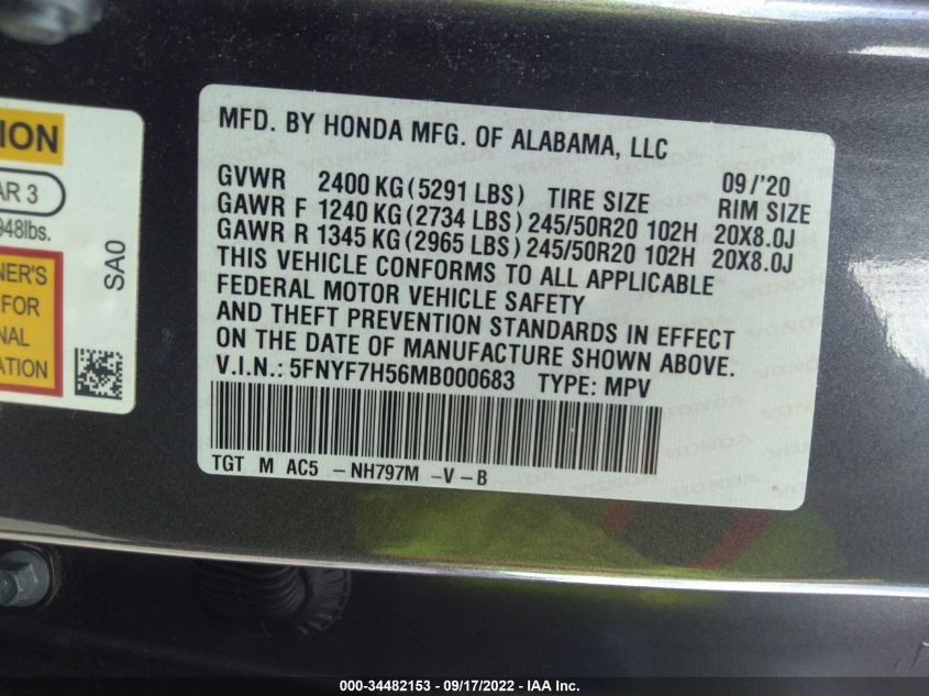 2021 HONDA PASSPORT EX-L 5FNYF7H56MB000683