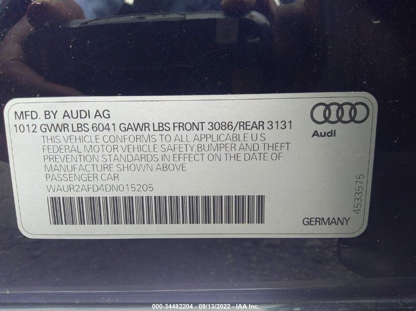 2013 AUDI A8 L 4.0L WAUR2AFD4DN015205