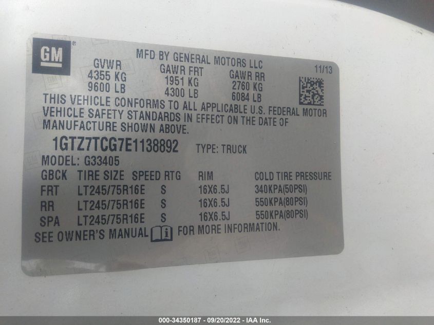 2014 GMC SAVANA CARGO VAN 1GTZ7TCG7E1138892