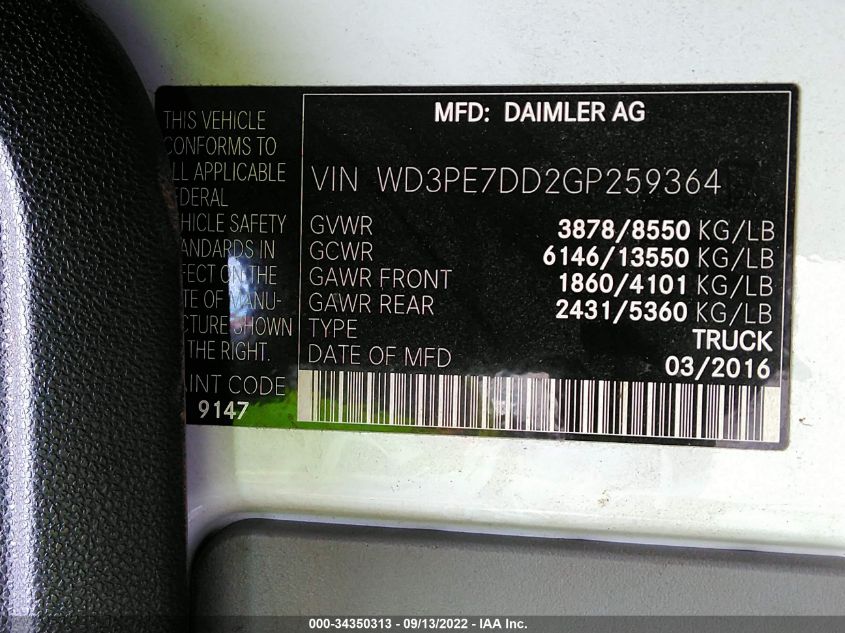 2016 MERCEDES-BENZ SPRINTER CARGO VANS WD3PE7DD2GP259364