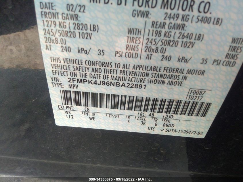 VIN 2FMPK4J96NBA22891 2022 FORD EDGE no.9