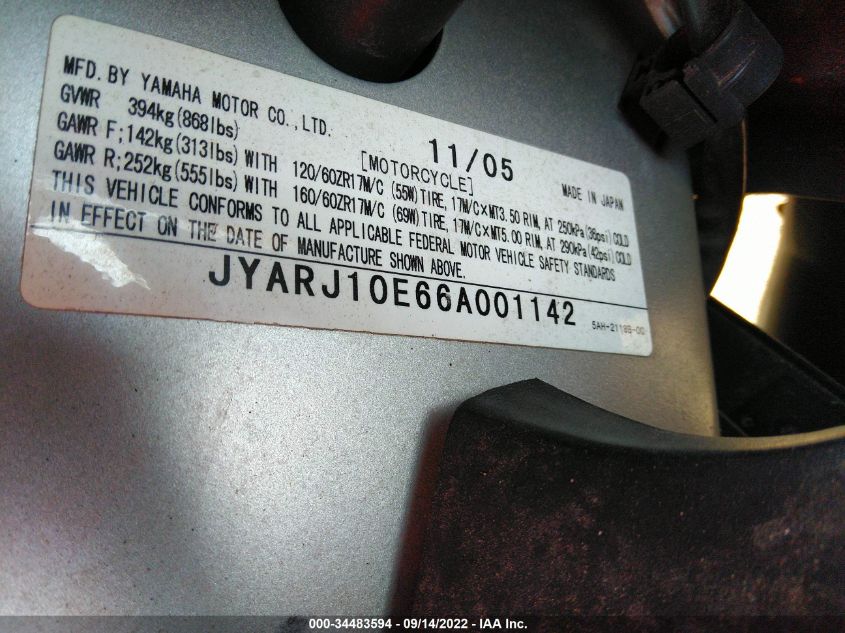 2006 YAMAHA YZF600 R JYARJ10E66A001142