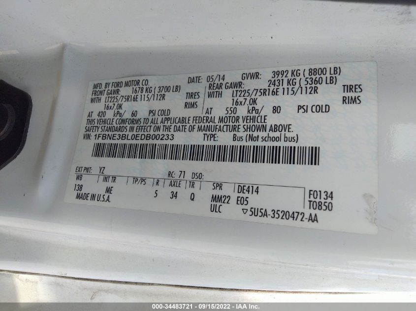 2014 FORD ECONOLINE WAGON XLT 1FBNE3BL0EDB00233