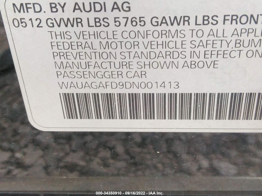 2013 AUDI A8 3.0L WAUAGAFD9DN001413