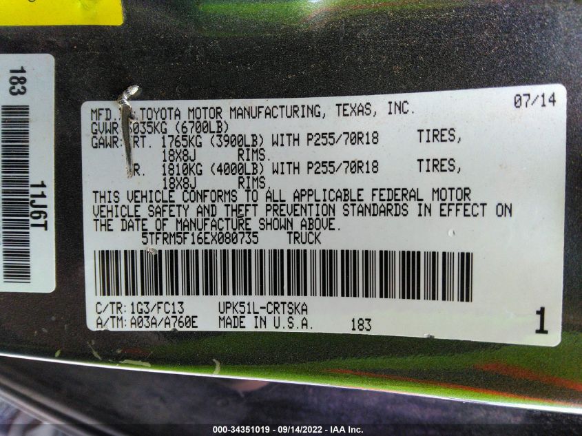 2014 TOYOTA TUNDRA DOUBLE CAB SR/SR5 5TFRM5F16EX080735