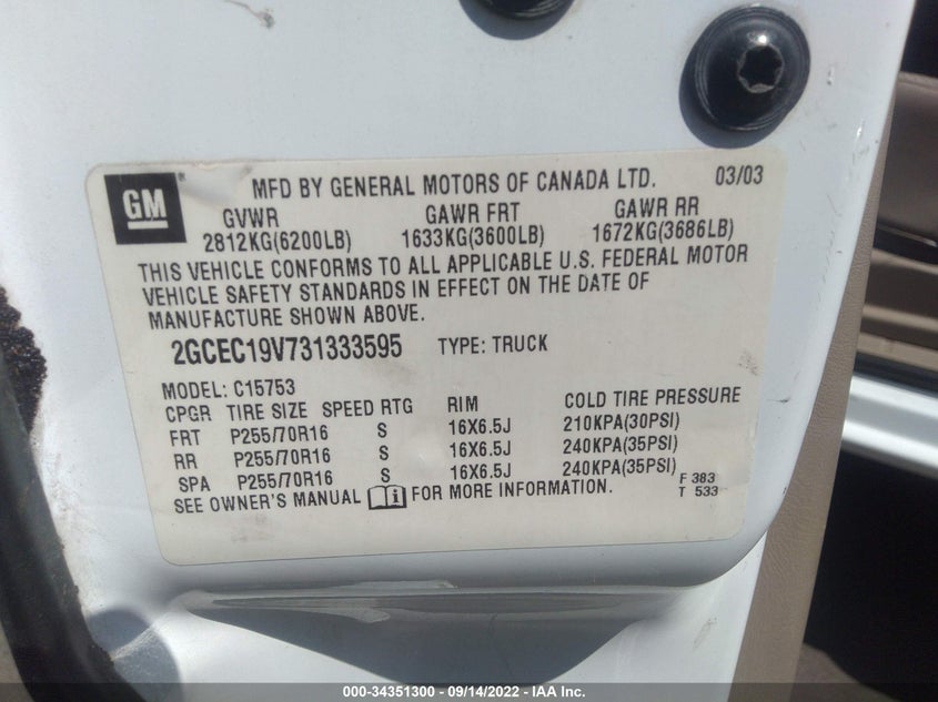 2003 CHEVROLET SILVERADO 1500 VIN: 2GCEC19V731333595