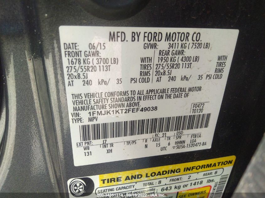 2015 FORD EXPEDITION EL LIMITED 1FMJK1KT2FEF49038