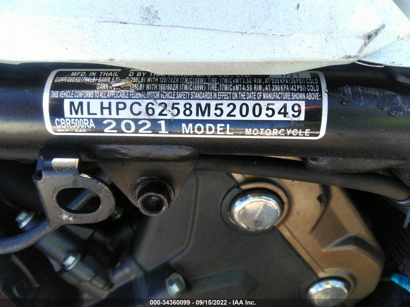 VIN MLHPC6258M5200549 2021 HONDA CBR500 RA