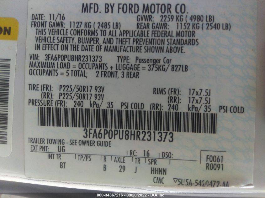 2017 FORD FUSION ENERGI SE 3FA6P0PU8HR231373