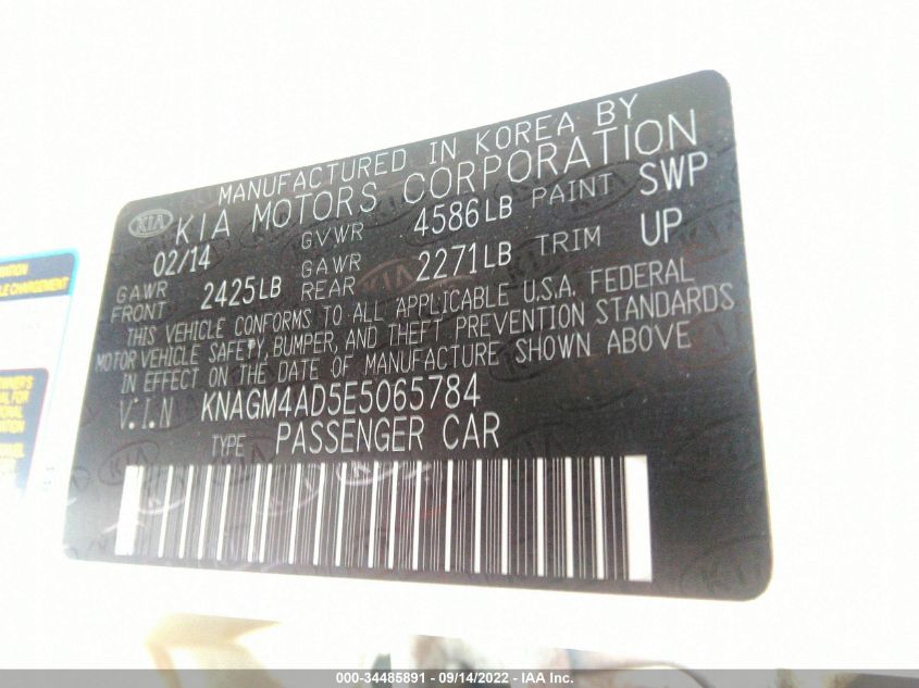 2014 KIA OPTIMA HYBRID LX KNAGM4AD5E5065784