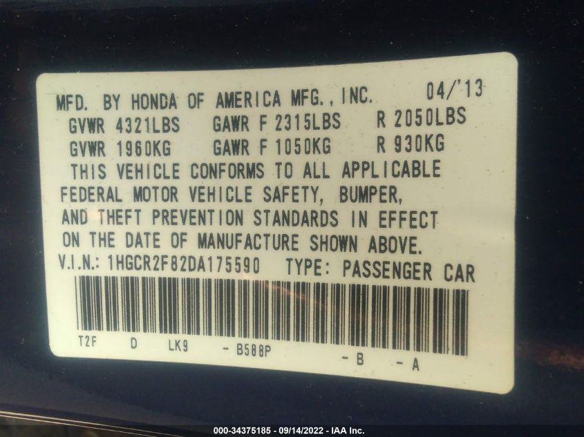 2013 HONDA ACCORD SDN EX-L 1HGCR2F82DA175590