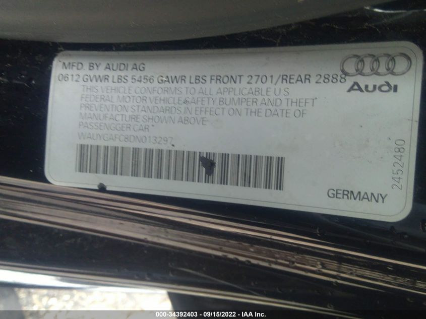 2013 AUDI A7 3.0 PREMIUM PLUS WAUYGAFC8DN013297