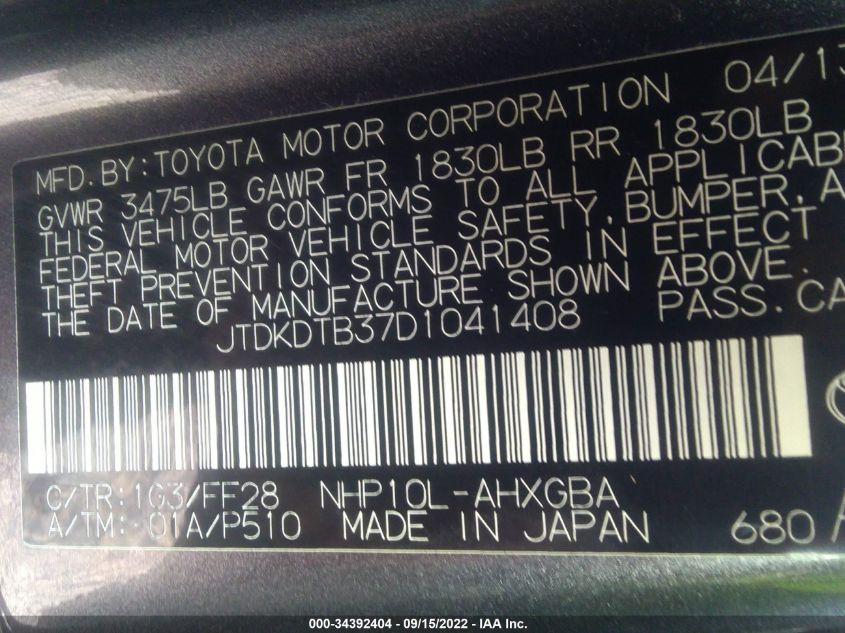 2013 TOYOTA PRIUS C ONE/TWO/THREE/FOUR JTDKDTB37D1041408