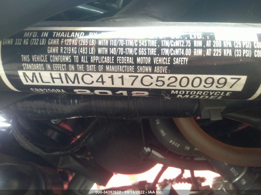 2012 HONDA CBX250 RA MLHMC4117C5200997
