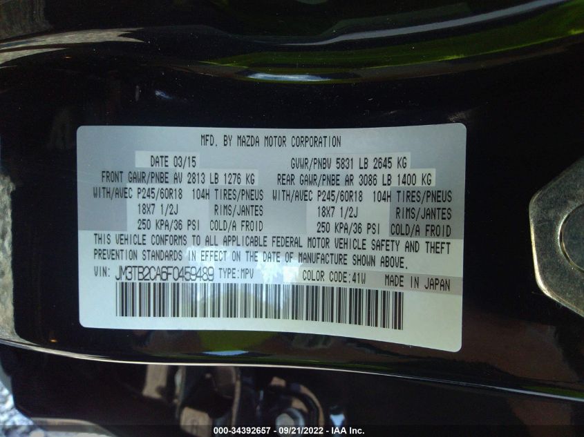 2015 MAZDA CX-9 TOURING JM3TB2CA6F0459489
